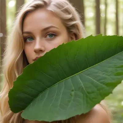 A Young Caucasian Woman With Long Blonde Hair Green Eyes And Light Skin Posing With A Large Green Leaf In Front Of Her Face During Daytime In A Lush Forest 1 72d0