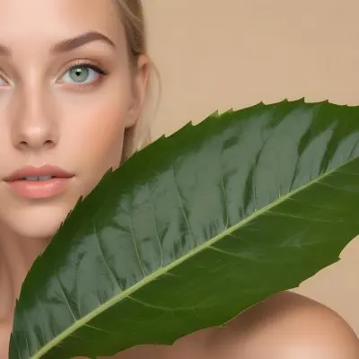 A Young Caucasian Woman With Long Blonde Hair Green Eyes And Light Skin Posing With A Large Green Leaf In Front Of Her Face During Daytime In A Lush Forest 10 C3a2