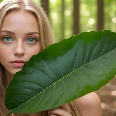 A Young Caucasian Woman With Long Blonde Hair Green Eyes And Light Skin Posing With A Large Green Leaf In Front Of Her Face During Daytime In A Lush Forest 3 Bc6e