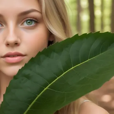 A Young Caucasian Woman With Long Blonde Hair Green Eyes And Light Skin Posing With A Large Green Leaf In Front Of Her Face During Daytime In A Lush Forest 4 89c7
