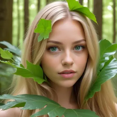 A Young Caucasian Woman With Long Blonde Hair Green Eyes And Light Skin Posing With A Large Green Leaf In Front Of Her Face During Daytime In A Lush Forest 5 Ca33