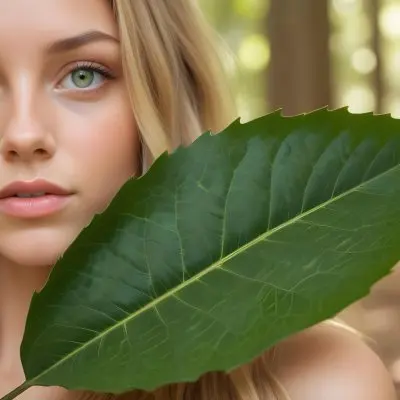 A Young Caucasian Woman With Long Blonde Hair Green Eyes And Light Skin Posing With A Large Green Leaf In Front Of Her Face During Daytime In A Lush Forest 6 A563