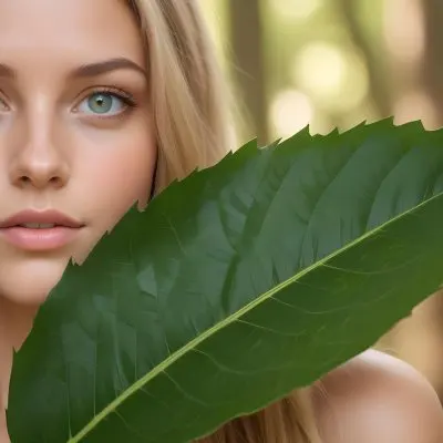 A Young Caucasian Woman With Long Blonde Hair Green Eyes And Light Skin Posing With A Large Green Leaf In Front Of Her Face During Daytime In A Lush Forest 7 3a0c