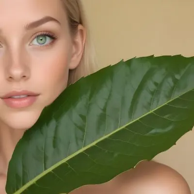 A Young Caucasian Woman With Long Blonde Hair Green Eyes And Light Skin Posing With A Large Green Leaf In Front Of Her Face During Daytime In A Lush Forest 8 Ef96