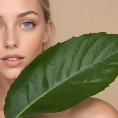 A Young Caucasian Woman With Long Blonde Hair Green Eyes And Light Skin Posing With A Large Green Leaf In Front Of Her Face During Daytime In A Lush Forest 9 01d0