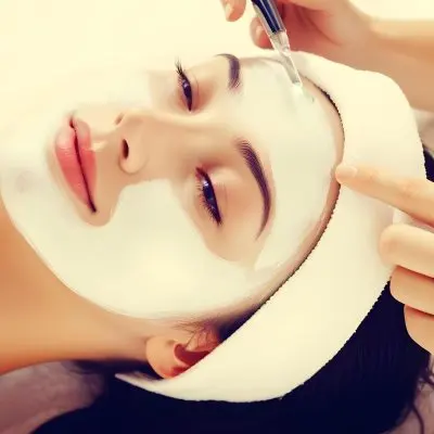 A Young Caucasian Woman With Long Blonde Hair Receiving A Facial Treatment At A Spa During Daytime She Has Her Eyes Closed And Appears To Be Relaxed As A Technician Applies A White Facial Mask To Her Skin 11 2804