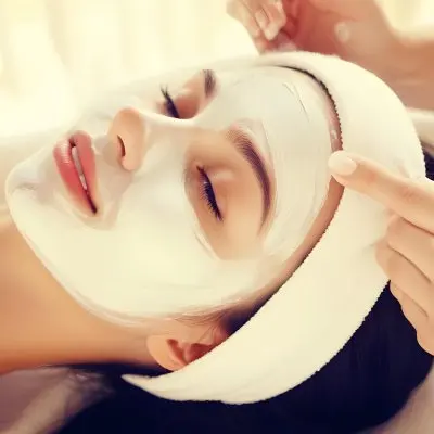 A Young Caucasian Woman With Long Blonde Hair Receiving A Facial Treatment At A Spa During Daytime She Has Her Eyes Closed And Appears To Be Relaxed As A Technician Applies A White Facial Mask To Her Skin 21 1b22