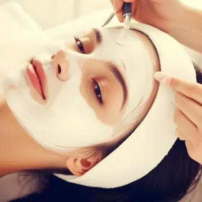 A Young Caucasian Woman With Long Blonde Hair Receiving A Facial Treatment At A Spa During Daytime She Has Her Eyes Closed And Appears To Be Relaxed As A Technician Applies A White Facial Mask To Her Skin 3 F9e9
