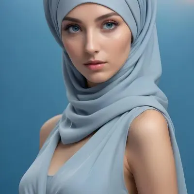 A Young Caucasian Woman With Long Blonde Hair Wearing A Gray Hijab And A Gray Dress With A High Collar She Has Dramatic Eye Makeup And Is Posing Against A Blue Background 1 F2aa