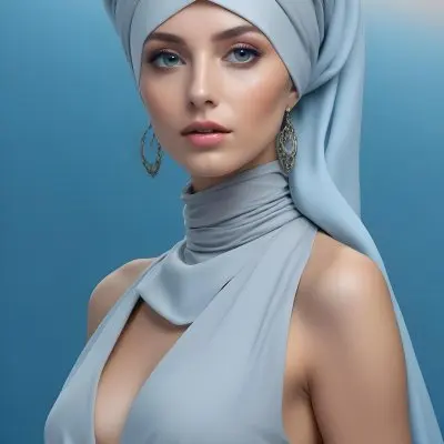 A Young Caucasian Woman With Long Blonde Hair Wearing A Gray Hijab And A Gray Dress With A High Collar She Has Dramatic Eye Makeup And Is Posing Against A Blue Background 10 Ec8f