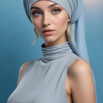 A Young Caucasian Woman With Long Blonde Hair Wearing A Gray Hijab And A Gray Dress With A High Collar She Has Dramatic Eye Makeup And Is Posing Against A Blue Background 2 E8e8