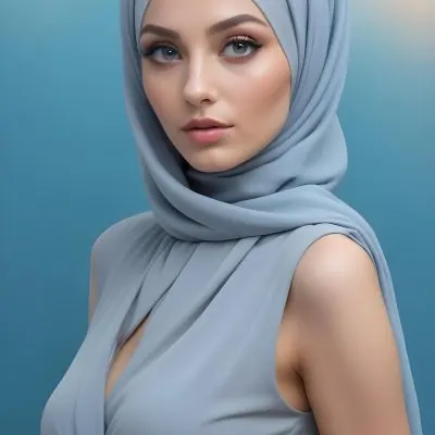 A Young Caucasian Woman With Long Blonde Hair Wearing A Gray Hijab And A Gray Dress With A High Collar She Has Dramatic Eye Makeup And Is Posing Against A Blue Background 3 43c7