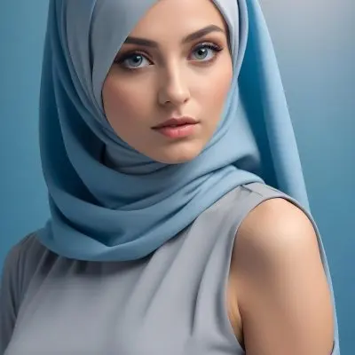 A Young Caucasian Woman With Long Blonde Hair Wearing A Gray Hijab And A Gray Dress With A High Collar She Has Dramatic Eye Makeup And Is Posing Against A Blue Background 4 A39b