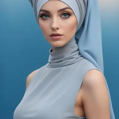 A Young Caucasian Woman With Long Blonde Hair Wearing A Gray Hijab And A Gray Dress With A High Collar She Has Dramatic Eye Makeup And Is Posing Against A Blue Background 5 971d