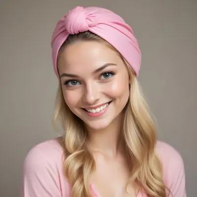 A Young Caucasian Woman With Long Blonde Hair Wearing A Pink Turban Style Headwrap Smiling At The Camera 2 86b2