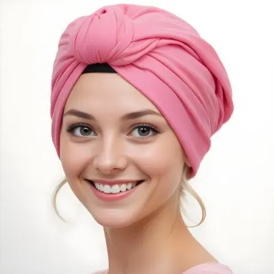 A Young Caucasian Woman With Long Blonde Hair Wearing A Pink Turban Style Headwrap Smiling At The Camera 3 4e38