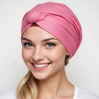 A Young Caucasian Woman With Long Blonde Hair Wearing A Pink Turban Style Headwrap Smiling At The Camera 5 E752