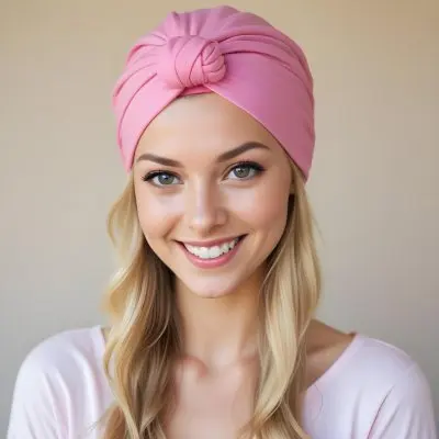 A Young Caucasian Woman With Long Blonde Hair Wearing A Pink Turban Style Headwrap Smiling At The Camera 7 816b