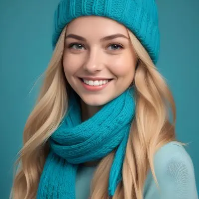 A Young Caucasian Woman With Long Blonde Hair Wearing A Turquoise Knitted Hat And Scarf Smiling At The Camera 6 7a67
