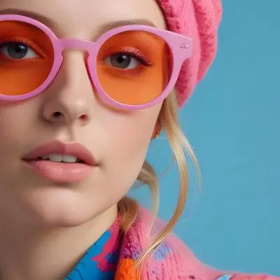 A Young Caucasian Woman With Long Blonde Hair Wearing Bright Pink And Orange Sunglasses A Pink Knit Hat And Colorful Jewelry Against A Blue Background 42 5bf1