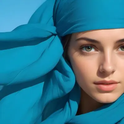 A Young Caucasian Woman With Long Brown Hair And Brown Eyes Wearing A Blue Scarf That Partially Obscures Her Face In A Sunny Setting 1 D727