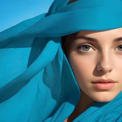 A Young Caucasian Woman With Long Brown Hair And Brown Eyes Wearing A Blue Scarf That Partially Obscures Her Face In A Sunny Setting 11 3147