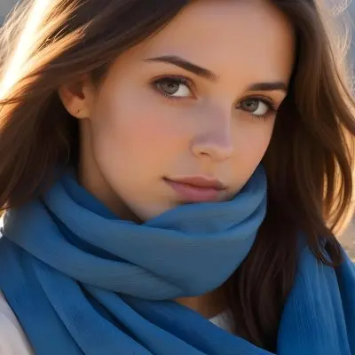 A Young Caucasian Woman With Long Brown Hair And Brown Eyes Wearing A Blue Scarf That Partially Obscures Her Face In A Sunny Setting 2 C8f6