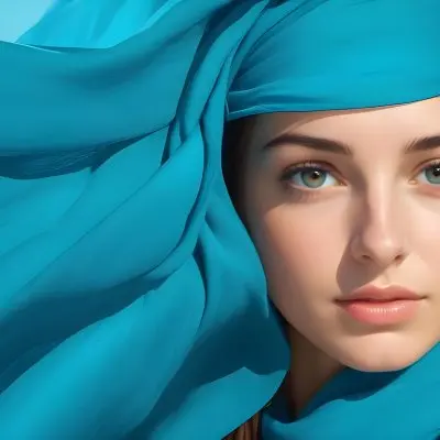 A Young Caucasian Woman With Long Brown Hair And Brown Eyes Wearing A Blue Scarf That Partially Obscures Her Face In A Sunny Setting 8 7cd6