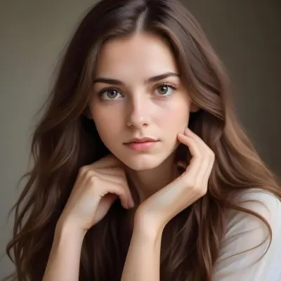 A Young Caucasian Woman With Long Brown Hair Fair Skin And Brown Eyes She Is Looking Directly At The Camera With A Serene Expression And Her Hands Are Gently Touching Her Hair C1c9