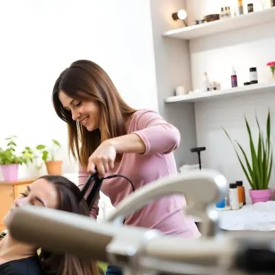 A Young Caucasian Woman With Long Brown Hair In A Pink Shirt Styling The Hair Of A Young Girl With Short Brown Hair In A Salon Setting 4 4b2a