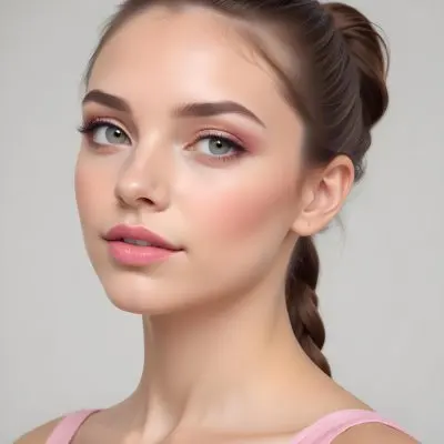 A Young Caucasian Woman With Long Brown Hair Styled In A Ponytail Wearing Natural Looking Makeup With Pink Lips Against A Plain White Background 2 63a9
