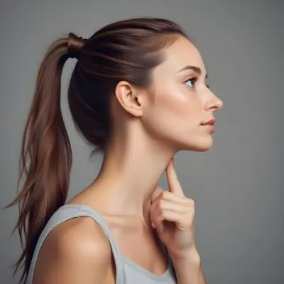 A Young Caucasian Woman With Long Brown Hair Tied In A Ponytail Approximately 25 Years Old She Has A Smooth Complexion And Is Gently Touching Her Chin With Her Fingers While Looking To The Side The Background Is A S 3 De0e