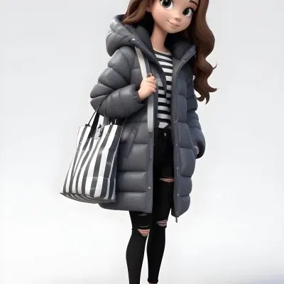 A Young Caucasian Woman With Long Brown Hair Wearing A Dark Gray Hooded Puffer Coat A Striped Shirt And Ripped Black Jeans She Is Holding A White Bag And Appears To Be Standing Outdoors In A Sunny Park 15 365c