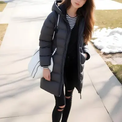 A Young Caucasian Woman With Long Brown Hair Wearing A Dark Gray Hooded Puffer Coat A Striped Shirt And Ripped Black Jeans She Is Holding A White Bag And Appears To Be Standing Outdoors In A Sunny Park 6 F8ed