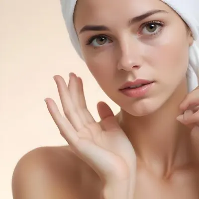 A Young Caucasian Woman With Long Brown Hair Wearing A White Towel On Her Head Looking Directly At The Camera With A Serious Expression 1 6e6f
