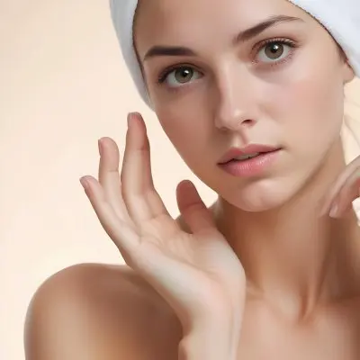 A Young Caucasian Woman With Long Brown Hair Wearing A White Towel On Her Head Looking Directly At The Camera With A Serious Expression 3 0e59