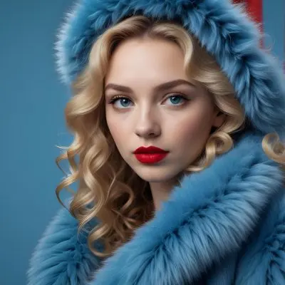 A Young Caucasian Woman With Long Curly Blonde Hair Wearing A Blue Fur Coat Looking Directly At The Camera With Red Lipstick 9 D30b