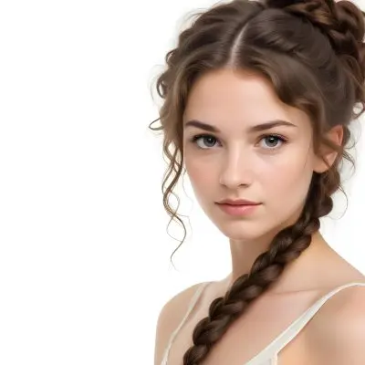 A Young Caucasian Woman With Long Curly Brown Hair Styled In A Simple Braid She Has A Neutral Facial Expression And Appears To Be In Her Mid 20s The Background Is Plain White 14 A31a