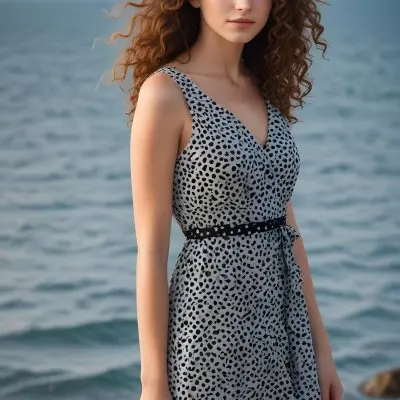 A Young Caucasian Woman With Long Curly Brown Hair Wearing A Black And White Polka Dot Dress Posing In Front Of A Scenic Ocean Background 4 48db