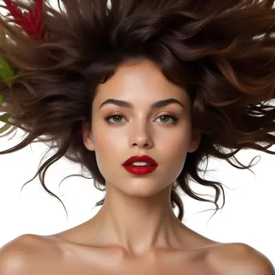 A Young Caucasian Woman With Long Dark Brown Hair Styled In A Messy Windblown Look She Has Dark Skin Full Lips And Is Wearing Bold Red Lipstick The Background Features Lush Green Ferns Creating A Natural 16 A13b
