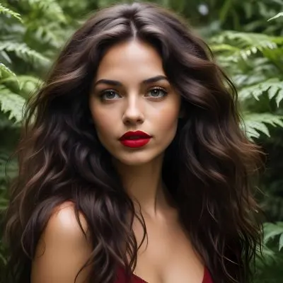 A Young Caucasian Woman With Long Dark Brown Hair Styled In A Messy Windblown Look She Has Dark Skin Full Lips And Is Wearing Bold Red Lipstick The Background Features Lush Green Ferns Creating A Natural 20 Bb4b