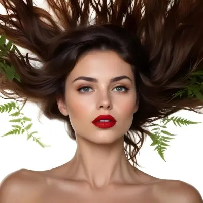 A Young Caucasian Woman With Long Dark Brown Hair Styled In A Messy Windblown Look She Has Dark Skin Full Lips And Is Wearing Bold Red Lipstick The Background Features Lush Green Ferns Creating A Natural 25 7e7e