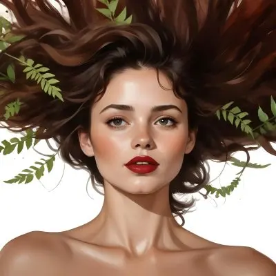 A Young Caucasian Woman With Long Dark Brown Hair Styled In A Messy Windblown Look She Has Dark Skin Full Lips And Is Wearing Bold Red Lipstick The Background Features Lush Green Ferns Creating A Natural 39 21f0