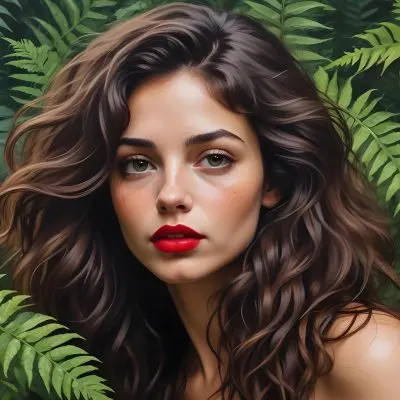 A Young Caucasian Woman With Long Dark Brown Hair Styled In A Messy Windblown Look She Has Dark Skin Full Lips And Is Wearing Bold Red Lipstick The Background Features Lush Green Ferns Creating A Natural 4 5888