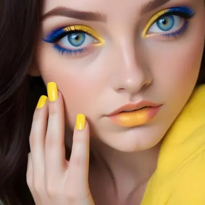 A Young Caucasian Woman With Long Dark Hair And Blue Eyes Wearing Bright Yellow Eyeshadow And Nail Polish Against A Bright Background 12 1e52