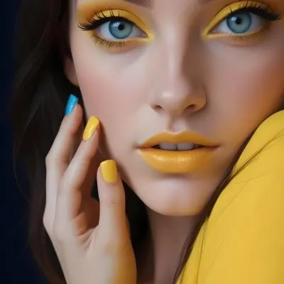 A Young Caucasian Woman With Long Dark Hair And Blue Eyes Wearing Bright Yellow Eyeshadow And Nail Polish Against A Bright Background 8 5c4b