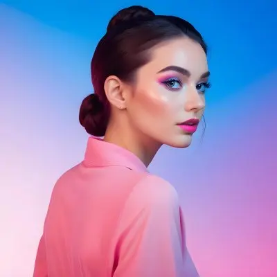 A Young Caucasian Woman With Long Dark Hair Styled In A Bun Wearing Vibrant Pink And Blue Makeup Posing Against A Colorful Gradient Background 13 9ecb