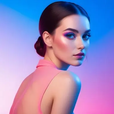 A Young Caucasian Woman With Long Dark Hair Styled In A Bun Wearing Vibrant Pink And Blue Makeup Posing Against A Colorful Gradient Background 16 1c99