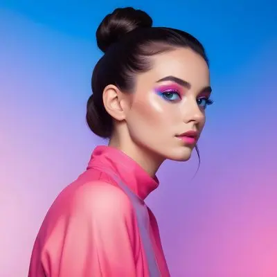 A Young Caucasian Woman With Long Dark Hair Styled In A Bun Wearing Vibrant Pink And Blue Makeup Posing Against A Colorful Gradient Background 32 14d4