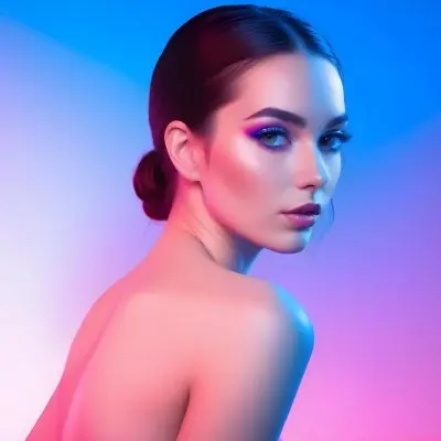 A Young Caucasian Woman With Long Dark Hair Styled In A Bun Wearing Vibrant Pink And Blue Makeup Posing Against A Colorful Gradient Background 48 7750